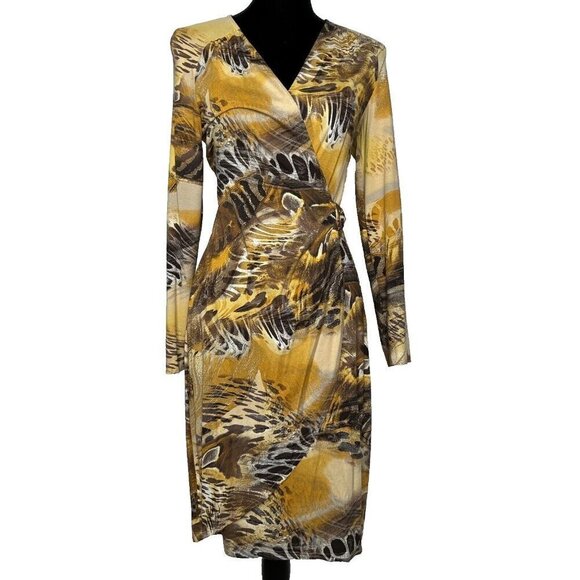 Vintage Cache Faux Wrap Jersey Dress Size M Yellow Printed Gold Buckle - Picture 1 of 10